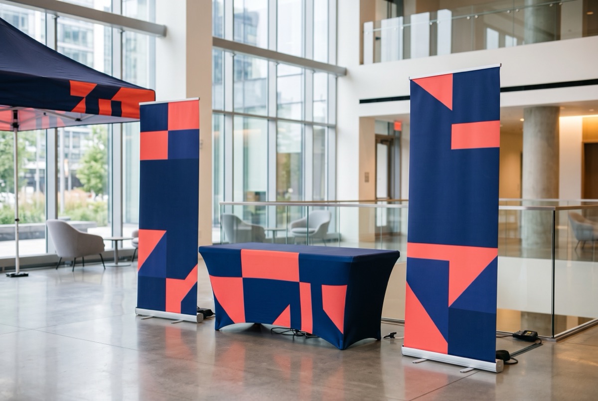 Navy and coral retractable banner stands, a fitted table cover and a canopy tent in a bright lobby.